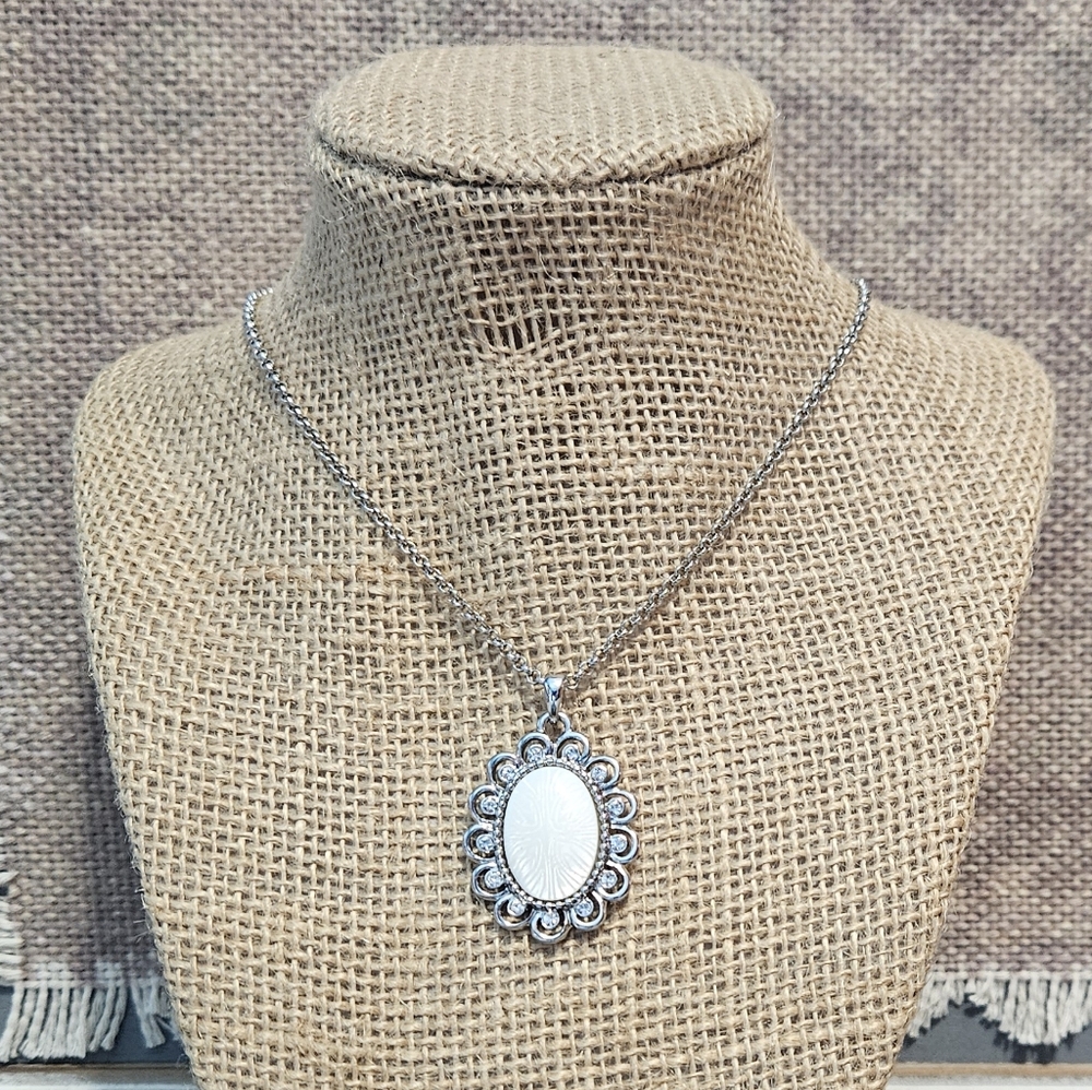 Lia Sophia Chantilly Silver Tone Necklace with Mother Of Pearl Oval Pendant